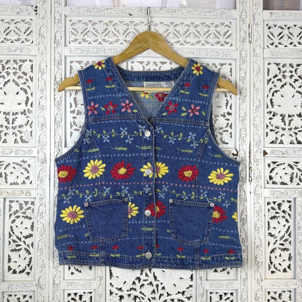 Vtg Susan Bristol Floral Embroidered Button Up Denim Vest Sz‎ S Granny Cottage